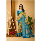 Yellow Kalamkari printed soft Dola cotton saree with unstitched blouse for women, vibrant Indian traditional wear