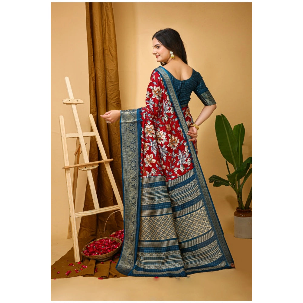 Red soft Dola cotton kalamkari printed saree with unstitched blouse, vibrant Indian traditional wear on hanger