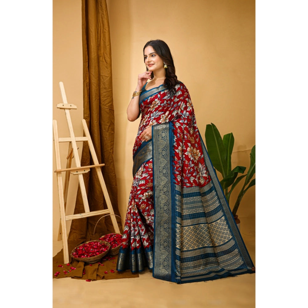 Red Kalamkari print saree with unstitched blouse, soft Dola cotton fabric