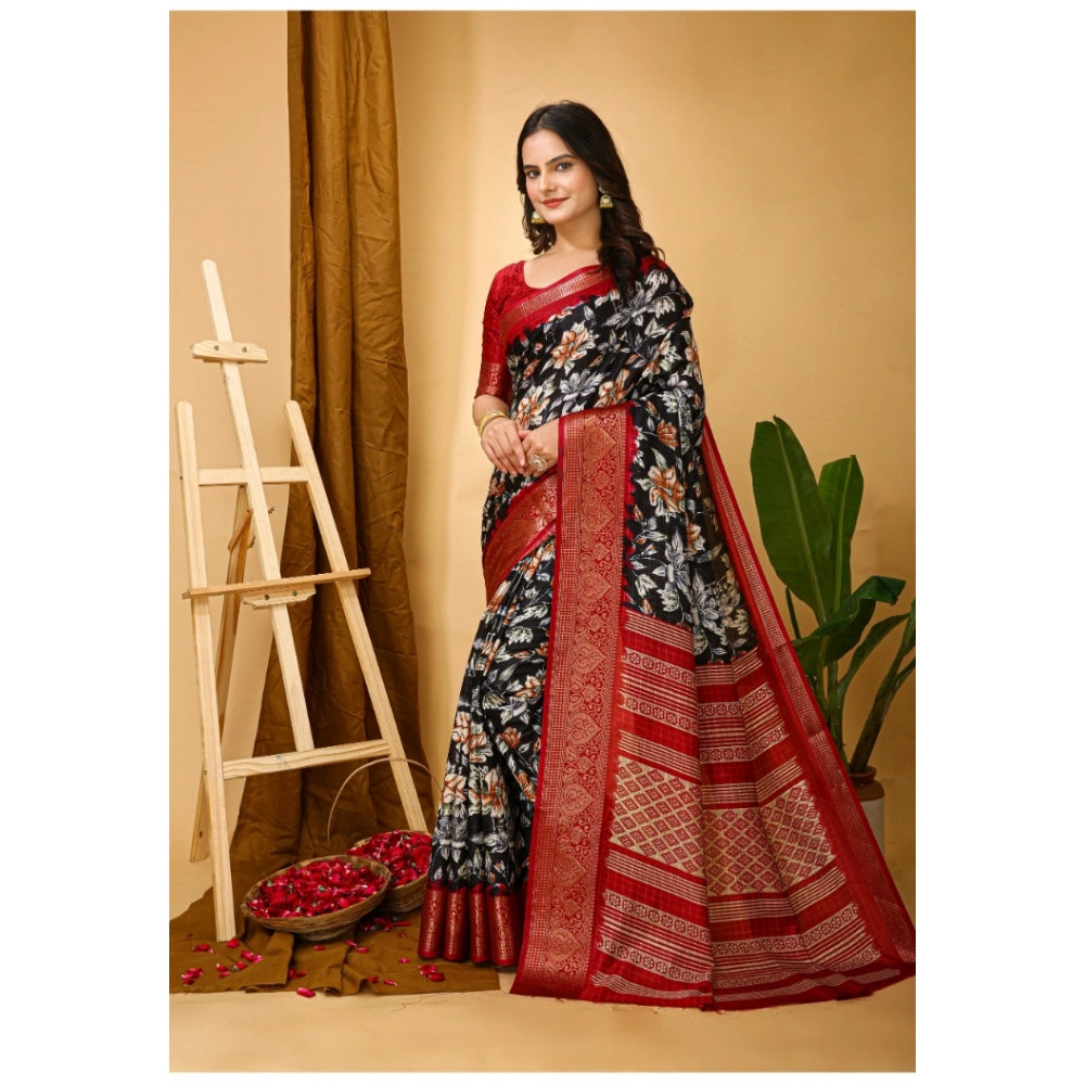 Black Kalamkari printed soft Dola cotton saree with unstitched blouse, traditional Indian wear