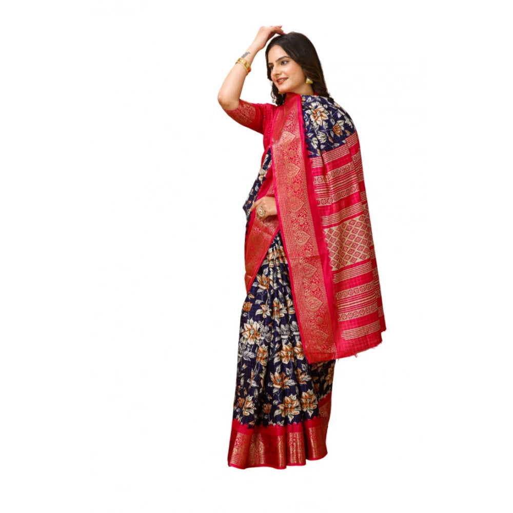 Navy Blue Kalamkari Printed Women's Saree with Unstitched Blouse, Soft Dola Cotton fabric