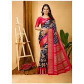 Navy blue soft Dola cotton Kalamkari printed saree with unstitched blouse (5.5mtr) - close-up detail of intricate design