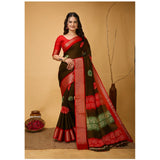 Soft blooming marshmallow fabric mehendi Kalamkari printed saree with unstitched blouse, vibrant patterns on display