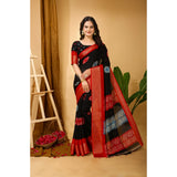 Black Kalamkari printed saree with unstitched blouse on mannequin, soft marshmallow fabric