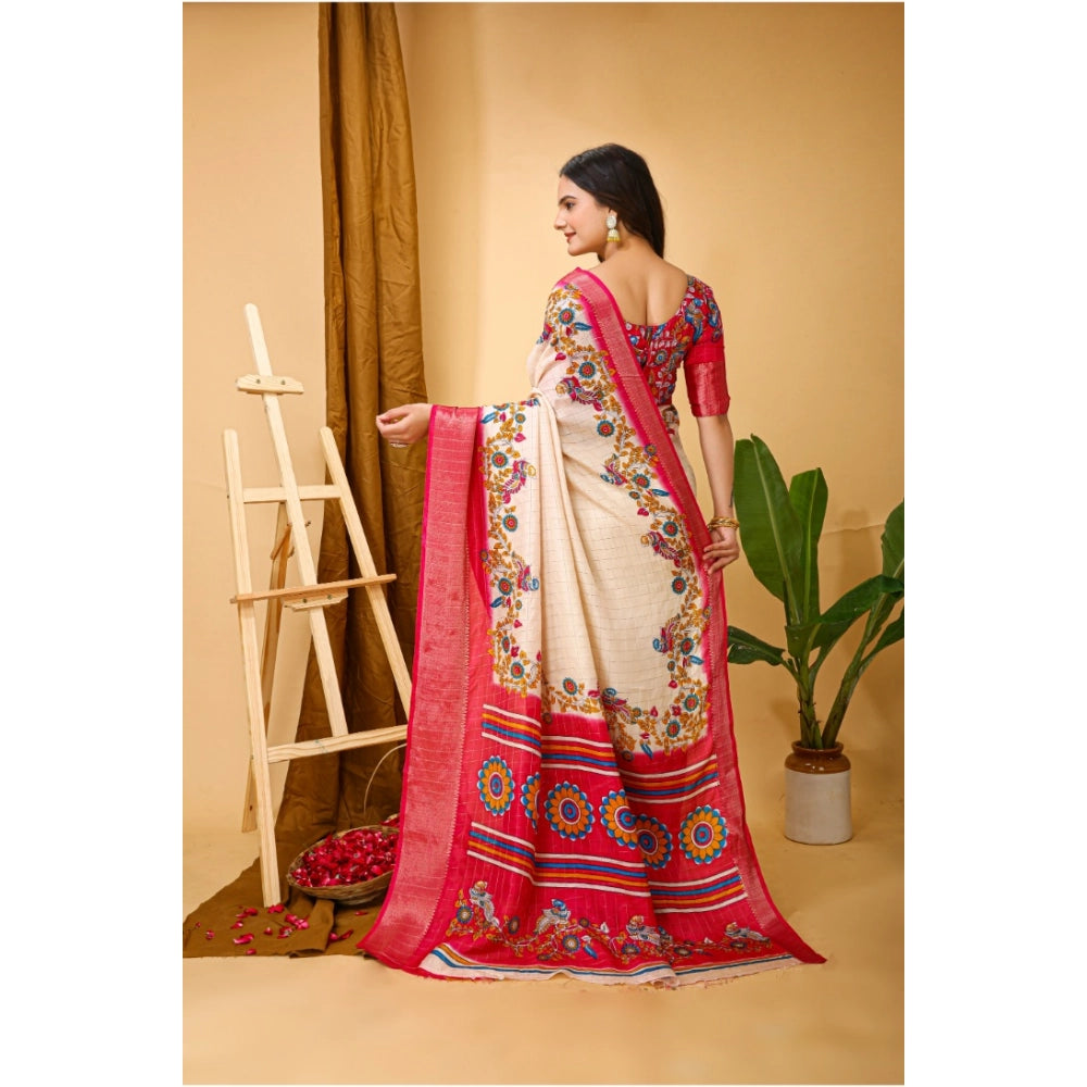 Red Kalamkari printed soft Dola cotton saree with unstitched blouse, traditional Indian wear for women