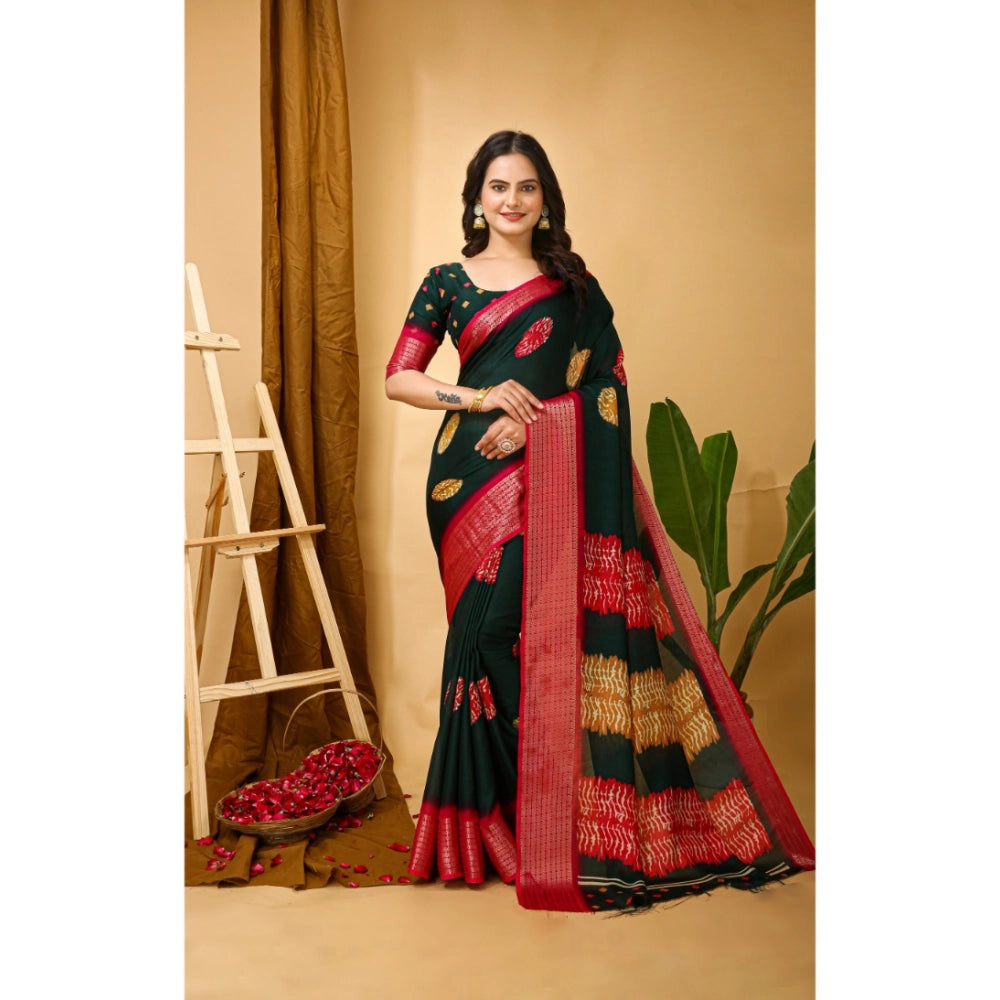 Green Kalamkari printed saree with unstitched blouse, featuring soft blooming marshmallow fabric