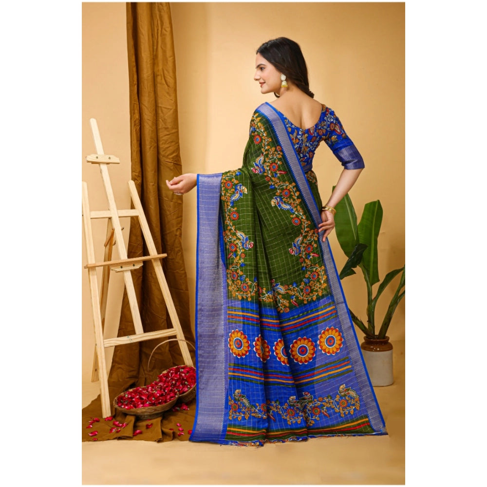 Mehendi colored, soft Dola cotton Kalamkari printed saree with unstitched blouse (5.5mtr) on mannequin