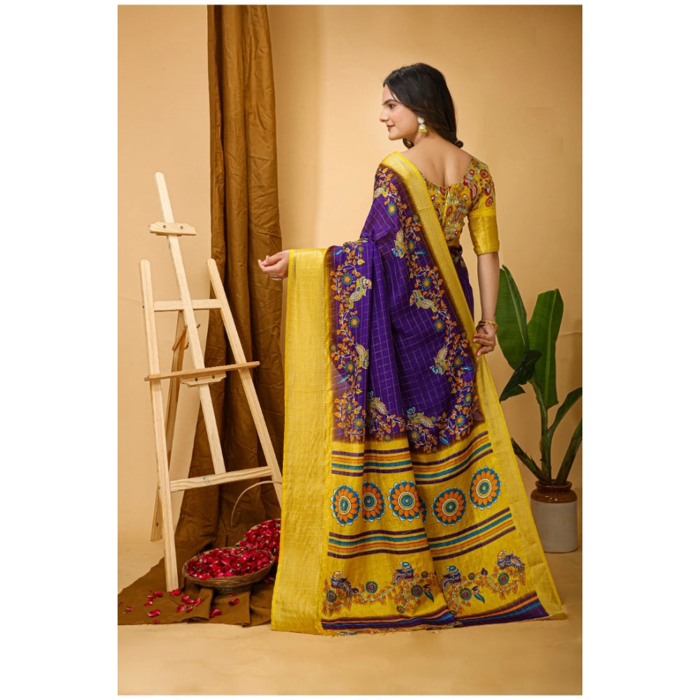 Purple Dola Cotton Kalamkari Saree with unstitched blouse (5.5mtr), traditional Indian attire showcasing intricate prints