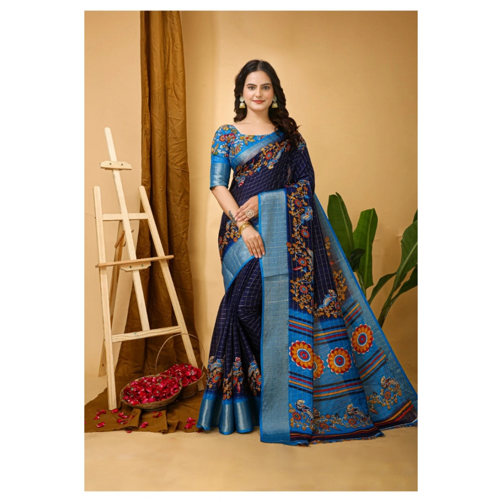 Navy Blue soft Dola cotton Kalamkari printed saree with unstitched blouse, women's traditional Indian attire for special occasions