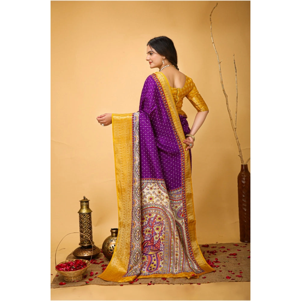 Purple soft Dola cotton Kalamkari printed saree with unstitched blouse, traditional Indian women's wear for special occasions