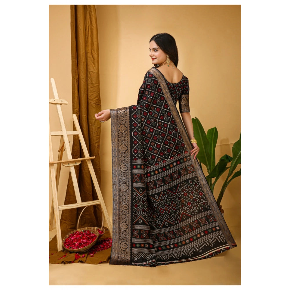 Black soft Dola cotton kalamkari printed saree with unstitched blouse, traditional Indian attire on mannequin