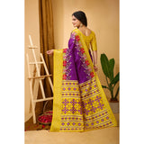 Purple soft Dola cotton kalamkari printed saree with unstitched blouse, traditional Indian attire on mannequin