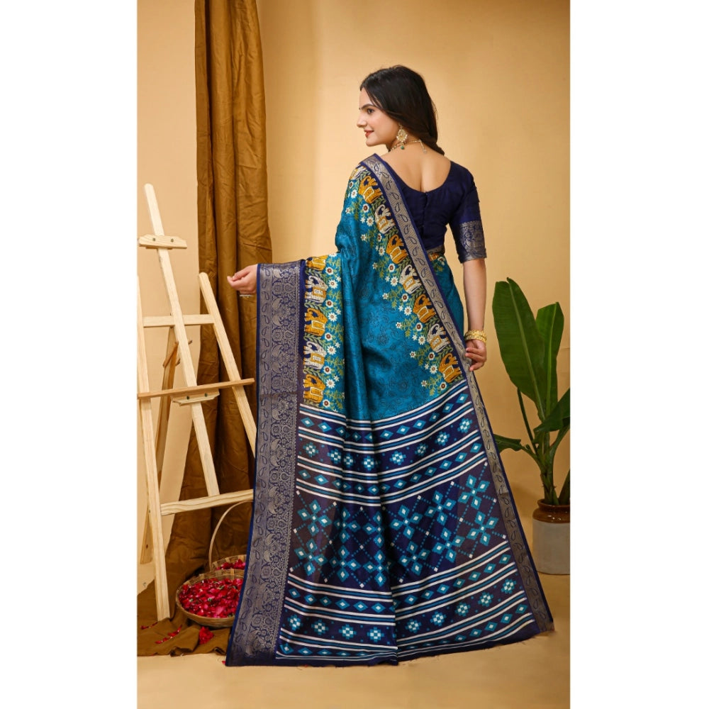 Blue soft Dola cotton kalamkari printed saree with unstitched blouse, traditional Indian attire on mannequin