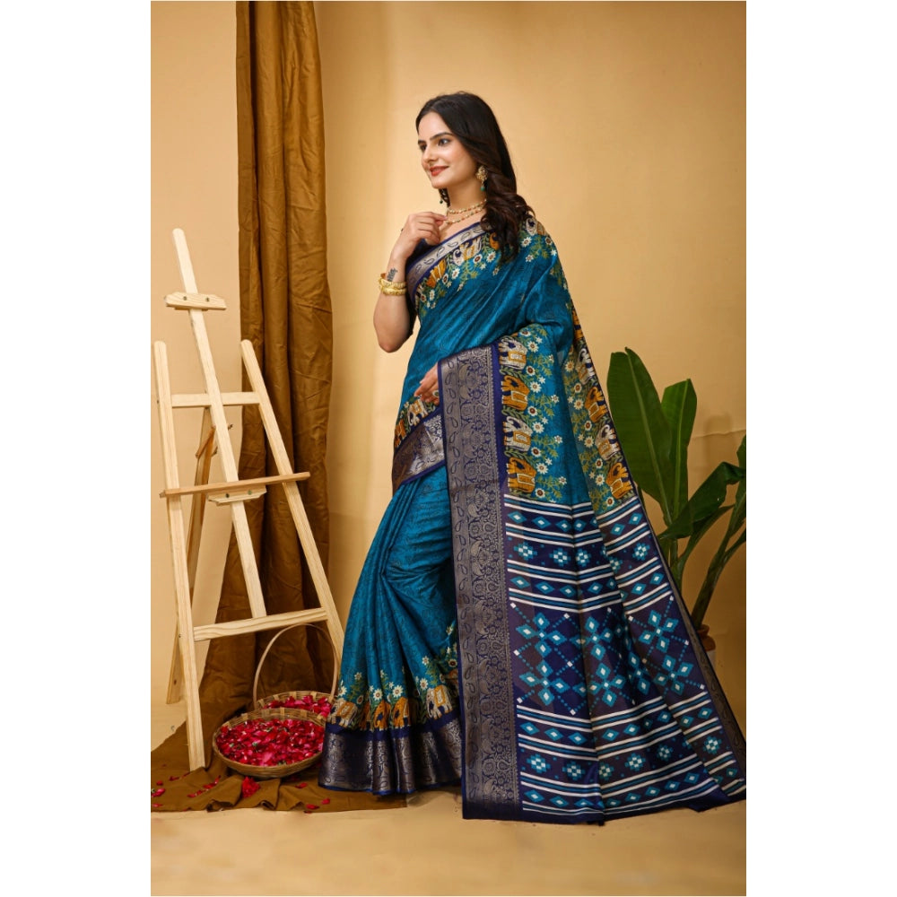 Blue soft Dola cotton kalamkari printed saree with unstitched blouse, vibrant traditional Indian attire on mannequin