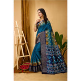 Blue soft Dola cotton kalamkari printed saree with unstitched blouse, vibrant traditional Indian attire on mannequin