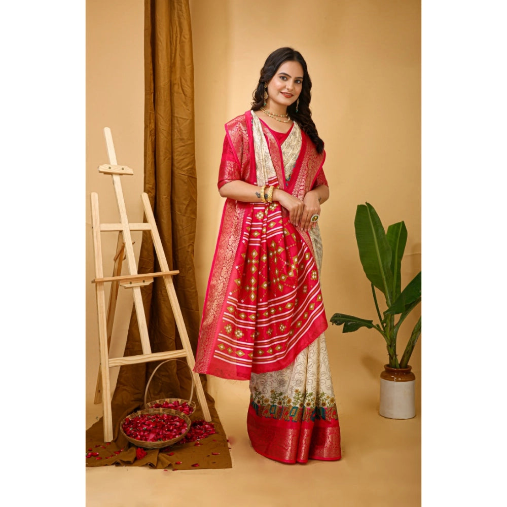 Soft white Dola cotton Kalamkari printed saree with unstitched blouse, traditional Indian women's attire on mannequin