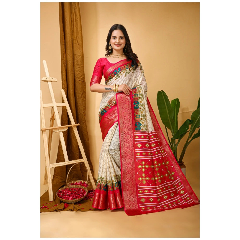 White soft Dola cotton kalamkari printed saree with unstitched blouse, traditional Indian attire for women on display