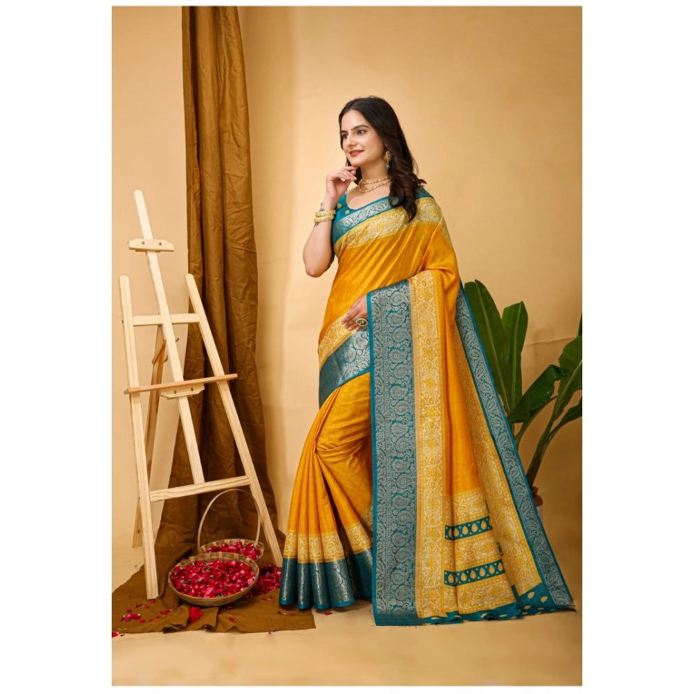 Yellow soft Dola cotton kalamkari printed saree with unstitched blouse, traditional Indian women's fashion accessory