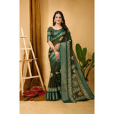 Green Kalamkari printed soft blooming marshmallow fabric saree with unstitched blouse, traditional Indian ethnic wear on display