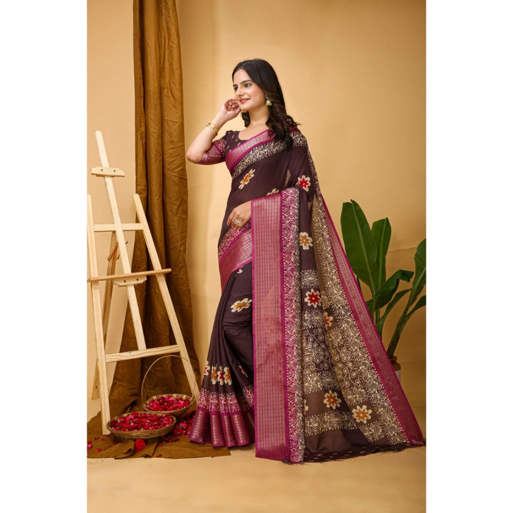 Maroon Kalamkari printed saree with unstitched blouse, soft marshmallow fabric