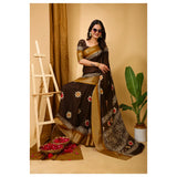 Brown soft blooming marshmallow fabric kalamkari printed saree with unstitched blouse, traditional Indian attire on model