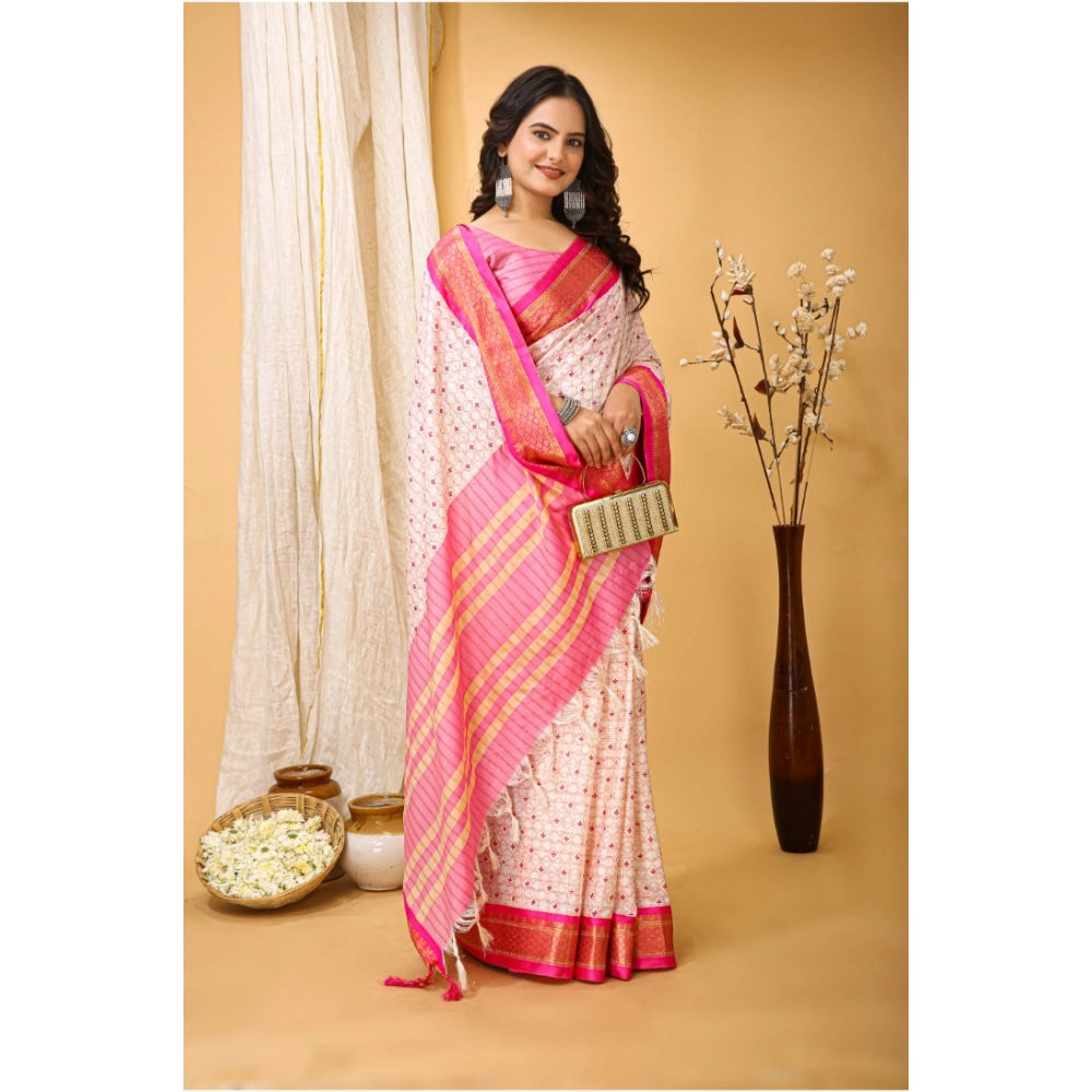 Soft cotton silk printed pink saree with unstitched blouse, vibrant floral pattern on display