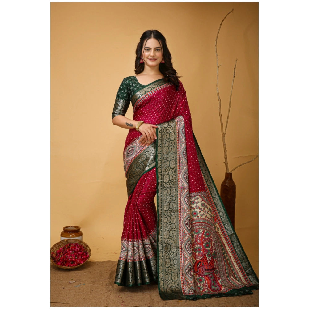 Maroon Kalamkari Printed Soft Dola Cotton Saree with unstitched blouse, women's ethnic wear on display
