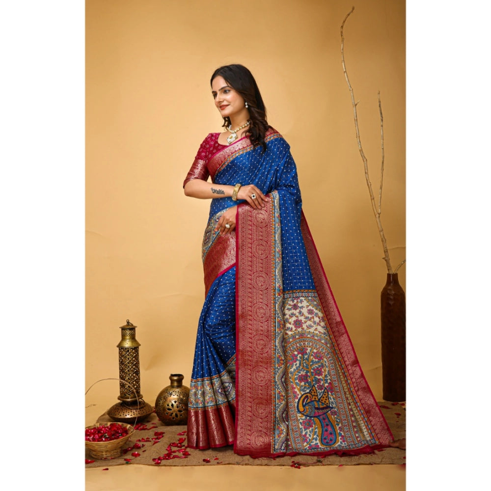 Blue soft Dola cotton Kalamkari printed saree with unstitched blouse, traditional Indian women's attire