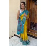 Mustard soft dola cotton kalamkari printed saree with unstitched blouse, traditional Indian women's wear on mannequin