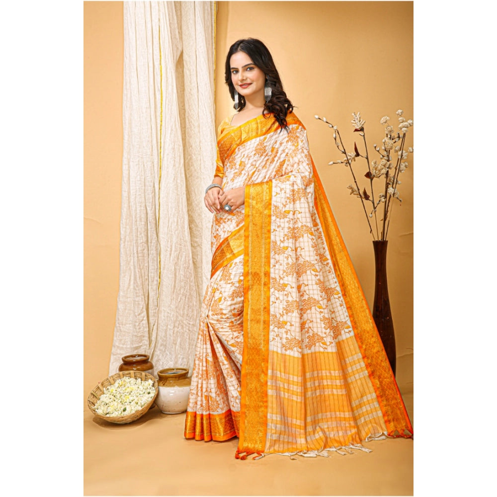 Yellow soft cotton silk printed saree with unstitched blouse, vibrant Indian fashion