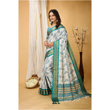 Turquoise soft cotton silk printed saree with unstitched blouse (5.5mtr)