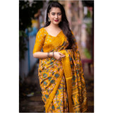 Yellow soft Dola cotton kalamkari printed saree with unstitched blouse, traditional Indian women's attire