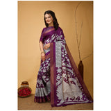 Purple soft handloom cotton Kalamkari printed saree with unstitched blouse, traditional Indian attire on display