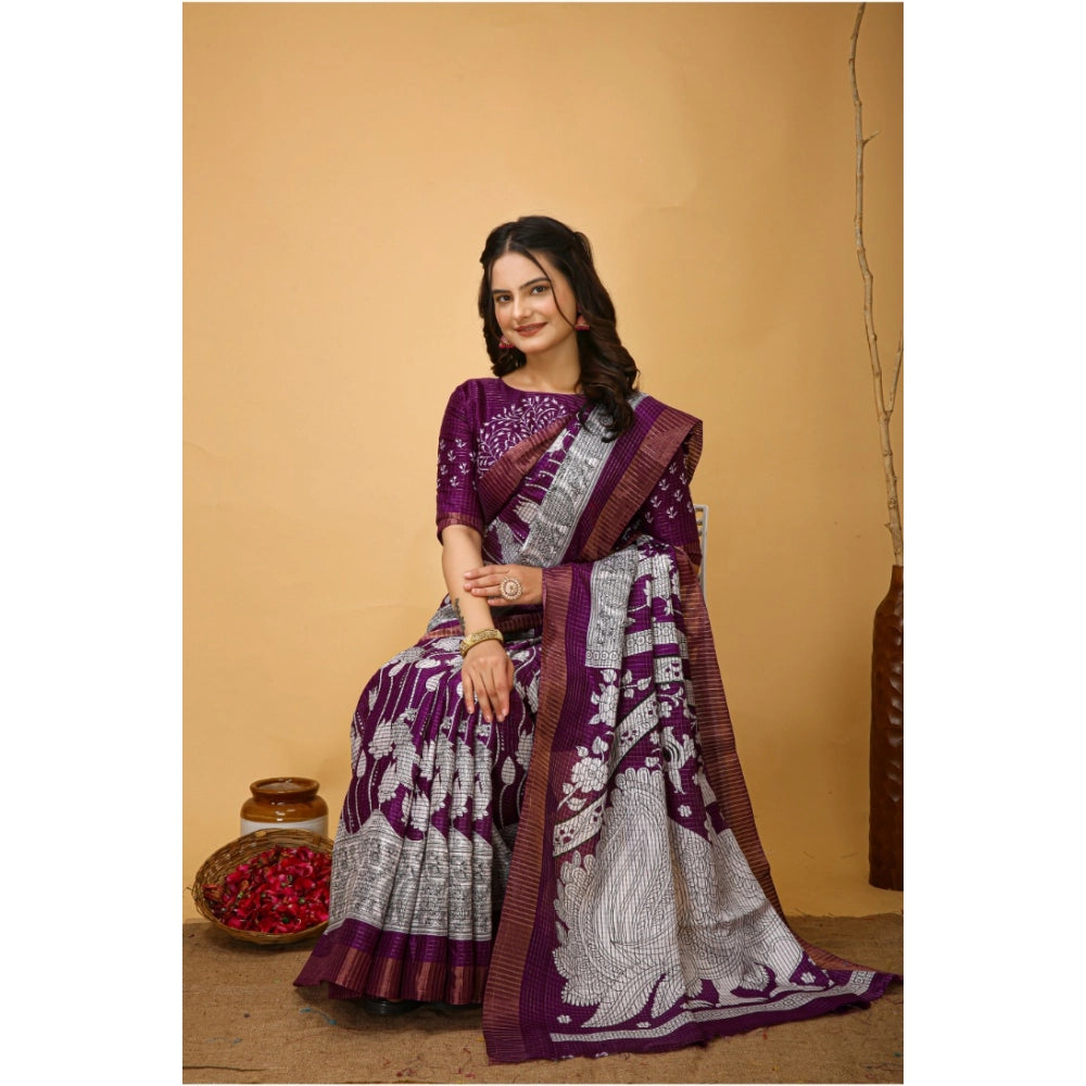 Purple soft handloom cotton kalamkari printed saree with unstitched blouse, vibrant cultural design on display