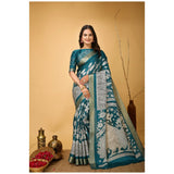 Turquoise soft handloom cotton kalamkari printed saree with unstitched blouse (5.5mtr)