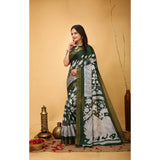 Green soft handloom cotton kalamkari printed saree with unstitched blouse, traditional Indian fashion accessory on mannequin