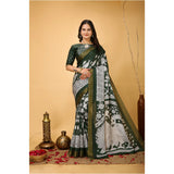 Green soft handloom cotton kalamkari printed saree with unstitched blouse, traditional Indian attire