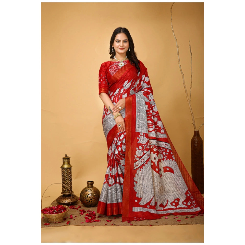 Soft handloom cotton red Kalamkari printed saree with unstitched blouse, traditional Indian ethnic wear for women