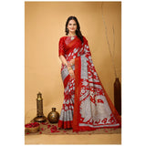 Soft handloom cotton red Kalamkari printed saree with unstitched blouse, traditional Indian ethnic wear for women