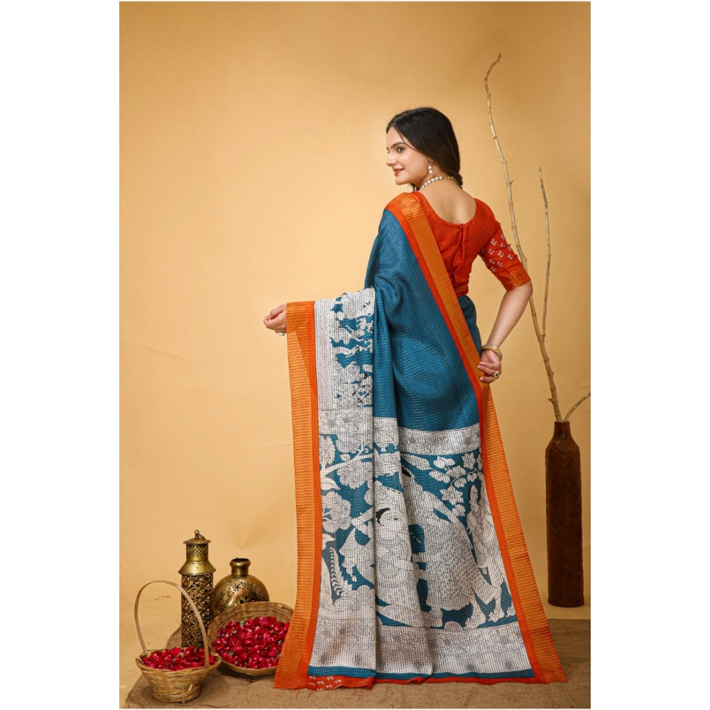 Teal blue soft handloom cotton kalamkari printed saree with unstitched blouse, close-up detail of intricate design