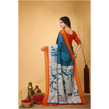 Teal blue soft handloom cotton kalamkari printed saree with unstitched blouse, close-up detail of intricate design