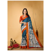 Teal blue handloom cotton kalamkari printed saree with unstitched blouse, soft textures showcased
