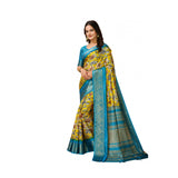 Yellow Kalamkari printed soft dola cotton saree with unstitched blouse, Indian women's traditional attire on mannequin