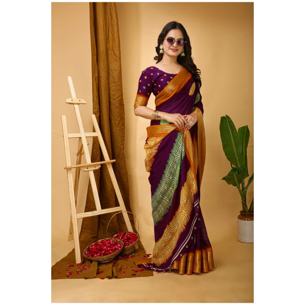 Women's wine-colored kalamkari printed saree with unstitched blouse, soft blooming marshmallow fabric