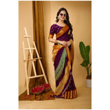Women's wine-colored kalamkari printed saree with unstitched blouse, soft blooming marshmallow fabric