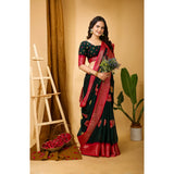 Green soft blooming marshmallow fabric Kalamkari printed saree with unstitched blouse