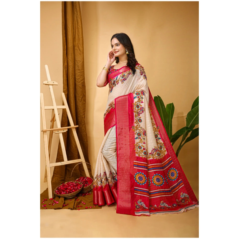 Red soft Dola cotton Kalamkari printed saree with unstitched blouse, traditional Indian attire on display