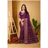 Purple Dola Cotton Kalamkari printed saree with unstitched blouse, soft fabric for women's fashion
