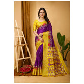 Purple Kalamkari-printed soft Dola cotton saree with unstitched blouse, vibrant Indian wear