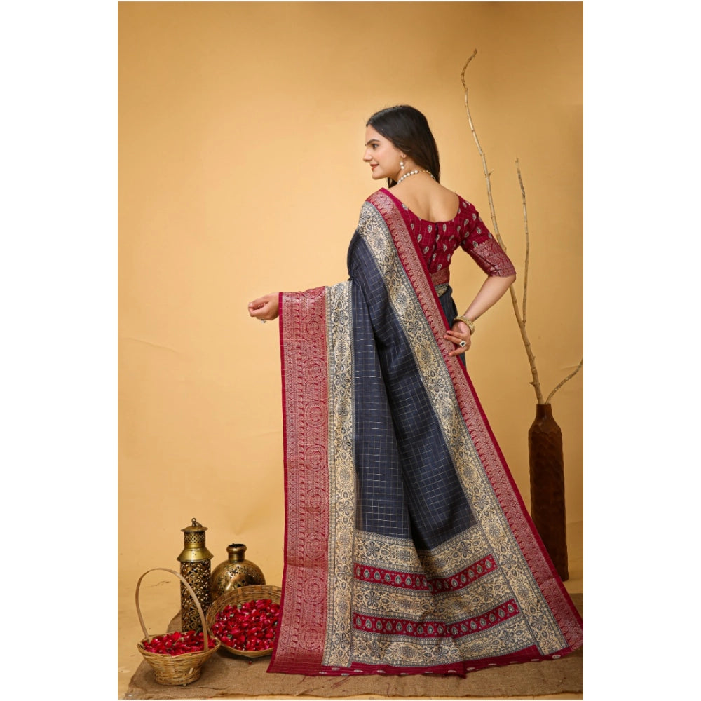 Grey soft Dola cotton kalamkari printed saree with unstitched blouse, traditional Indian women's attire on mannequin